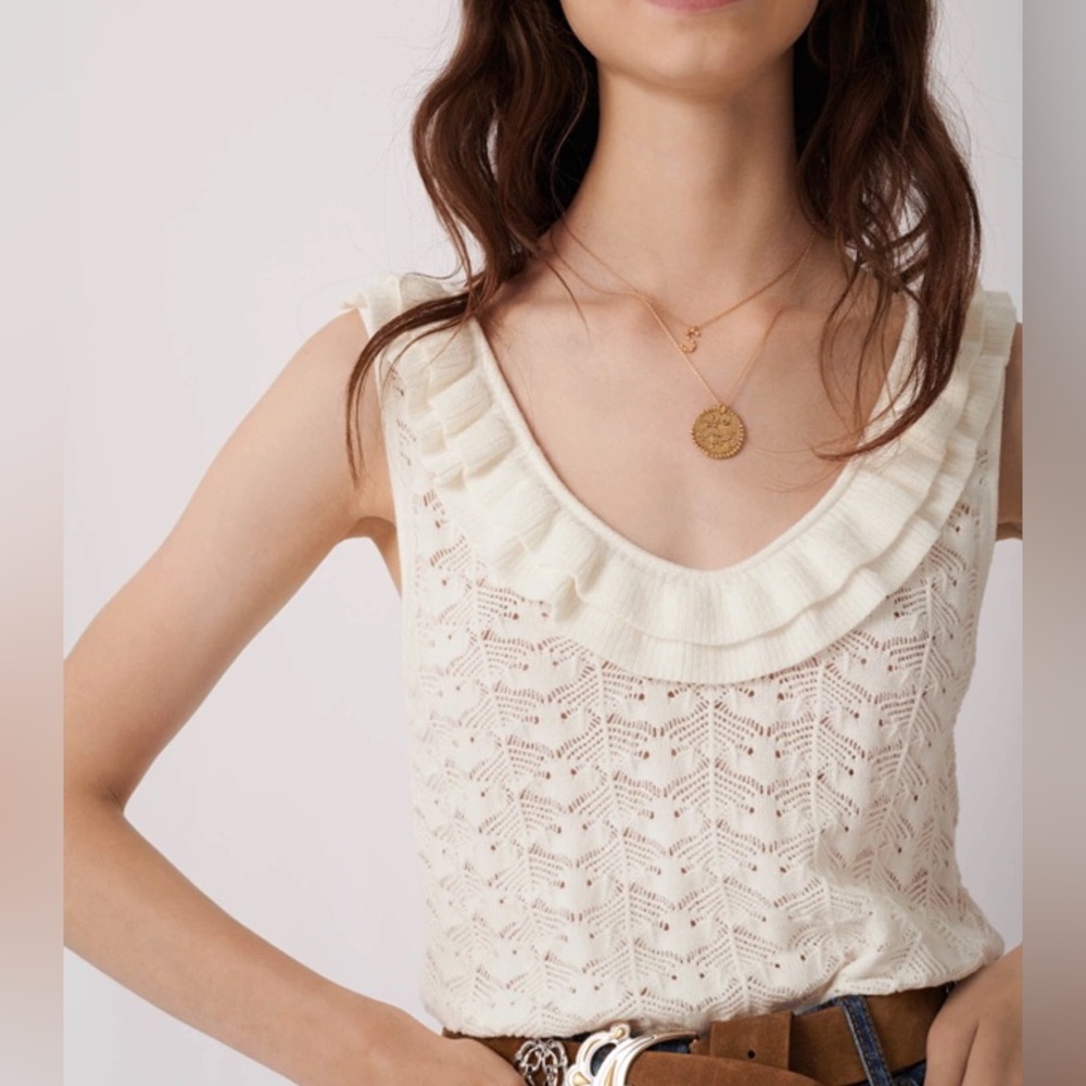 Maje Cream Ruffled Knit Sleeveless Top